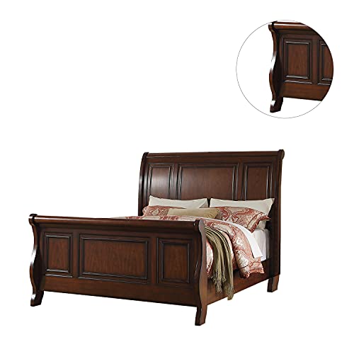 Simple Relax Pine Wood Queen Sleigh Bed, Cherry Brown #TOP3
