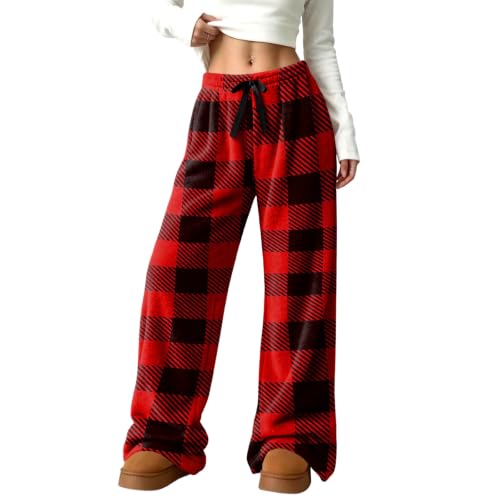 Wide Leg Pants Women Baggy Relaxed Checkered Plaid Flannel Thermal Pjs Pant - image 7