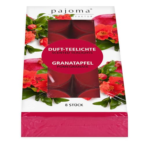pajoma® 8 lumini da tè in melograno | candele profumate in custodia in policarbonato durata circa 4 ore – altezza 1,5 cm Ø 3,5 cm | qualità premium | decorazione, gastronomia, outdoor, portacandele a