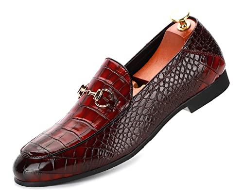 Santimon Men's Classic Horsebit Loafers Wedding Dress Crocodile Effect Leather Shoes For Men Fashion Party Loafers Wine Red 6 Us #TOP2