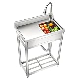 GarveeHome Freistehendes Edelstahl-Utility-Waschbecken 76×41×102 cm mit ausziehbarem Kalt-/Warmwasserhahn rechts, Ablagefach & höhenverstellbaren Füßen – für Küche, Waschküche, Garage, Camping