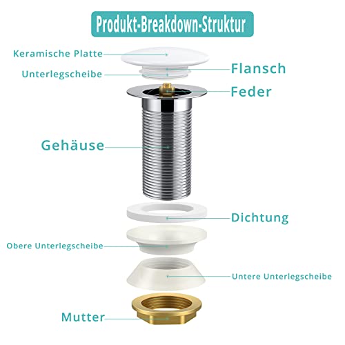 Pop-Up-Ablaufgarnitur für Keramik-Waschbecken im Badezimmer, ohne Überlauf (ohne Überlauf)