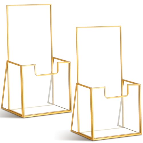 Fuyoooo 2 Pcs Gold Glass Brochure Holder Stand 4 Inch Countertop Clear Literature Trifold Pamphlet Holder Flyer Brochure Display Stand for Magazine, Booklets, Menu, Journals