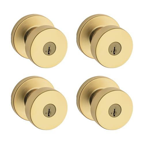 Image of Kwikset Pismo Entry Door Knob with Lock and Key, Secure Keyed Handle Exterior, Front Entrance and Bedroom, Satin Brass, 4 Pack, Pick Resistant SmartKey Rekey Security