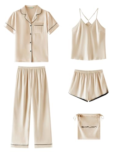 SAPJON SAPJON Silk Satin Pajamas for Women 5Pcs Soft Pjs Camisole Sleepwear Sets