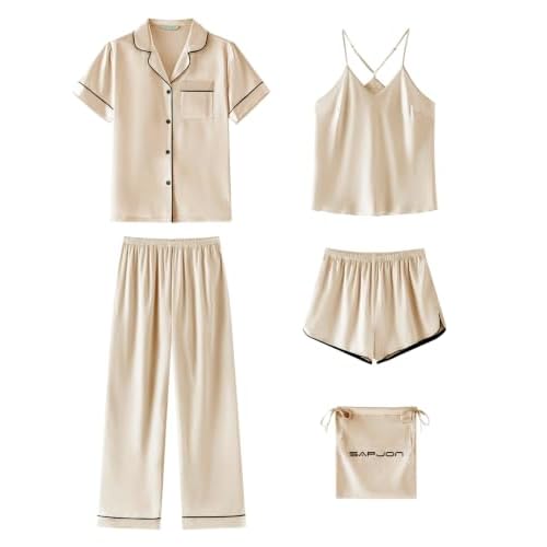 SAPJON Silk Satin Pajamas for Women 5Pcs Soft Pjs 