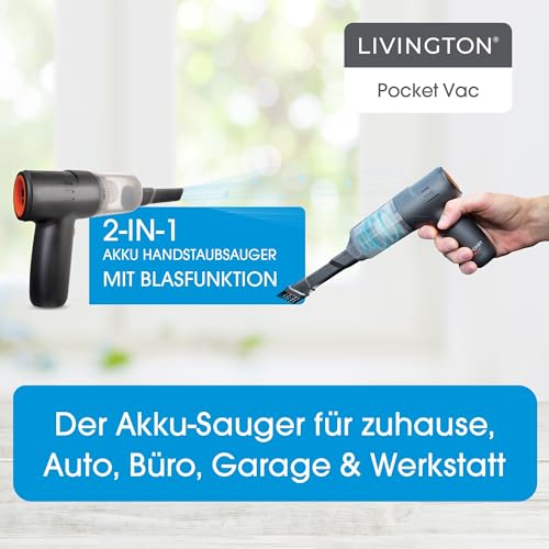 LIVINGTON PocketVac - Doppelpack - Akku Handstaubsauger mit Gebläse - kabelloser Auto-Staubsauger inkl. Aufsätze, USB-C Kabel, Aufbewahrungstasche & Filter