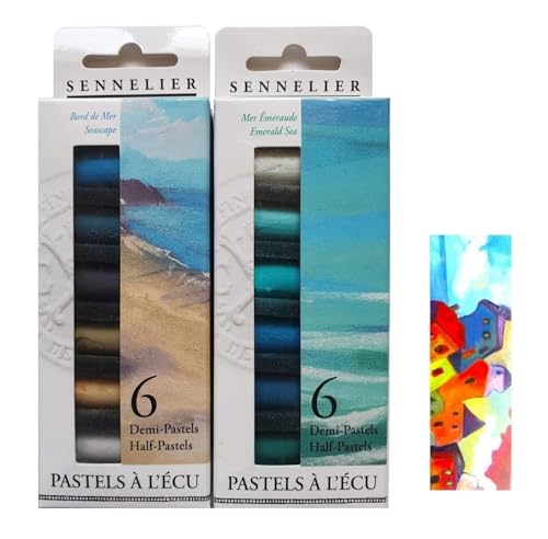 Sennelier Set mit trockenen Pastellkreiden, 12 halbe Pastellfarben, weiche Pastellkreiden mit Ecru, am Meer und 1 Karte