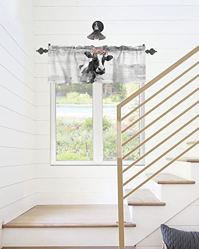 Onehoney Window Valances Kitchen Short Curtains, Farm Cute Cow With Flower Wreath Rod Pocket Valance Drapes Decorative Window Treatment For Living Room Bedroom Bathroom Retro Grey Animal Art #TOP5