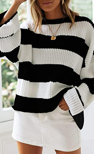 Zesica Women's 2023 Fall Long Sleeve Crew Neck Striped Color Block Comfy Loose Oversized Knitted Pullover Sweater,Blackstriped,Medium #TOP1