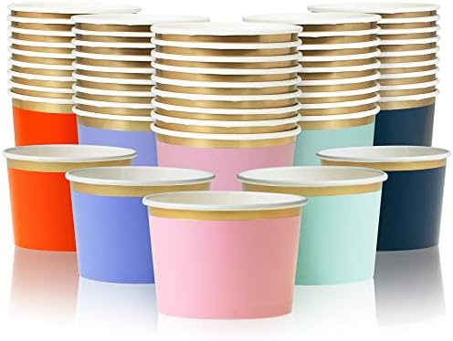 Confettiville Paper Ice Cream Cups, 50-Count 9-Oz Disposable Dessert Bowls for Hot or Cold Food, 9-Ounce Party Supplies Treat Cups for Sundae, Frozen Yogurt, Soup, 5 Colors, Gold Fil
