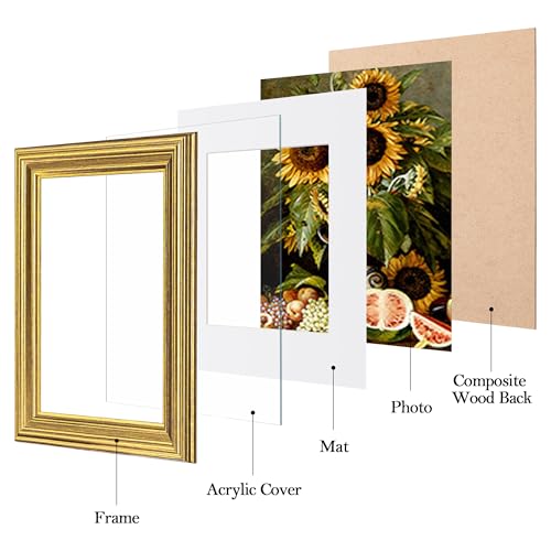 Image of eletecpro 5x7 Gold Picture Frames Set of 4, Vintage Photo Frames with Clear Acrylic Cover, Gallery Wall Art Display 4x6 Photo with Mat or 5x7 without Mat for Tabletop and Wall Mount, Home Decor