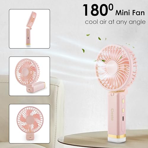 Image of Gesto Portable Fan Rechargeable with LED Light - Foldable Mini Fan, Small Fan,USB Charging Hand Fan with 1200mAh Battery & 3 Speed Modes | Travel, Makeup, Kitchen,Women's Personal Pankhaa - Pink