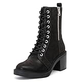 Ruiee Ankle Boots for Women Chunky Block Heel and Comfortable Round Toe Lace up Fashion Combat Fall Winter Booties for Women. 240980 Black PU Size7.5