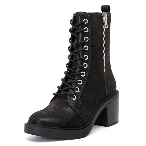 Ruiee Ankle Boots for Women Chunky Block Heel and Comfortable Round Toe Lace up Fashion Combat Fall Winter Booties for Women. 240980 Black PU Size7.5