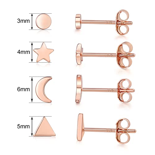 Small Gold Stud Earrings - 4 Pairs Rose Gold Plated Triangle, Star, Moon and Round CZ Stud Earrings - Hypoallergenic Cartilage and Tragus Set2