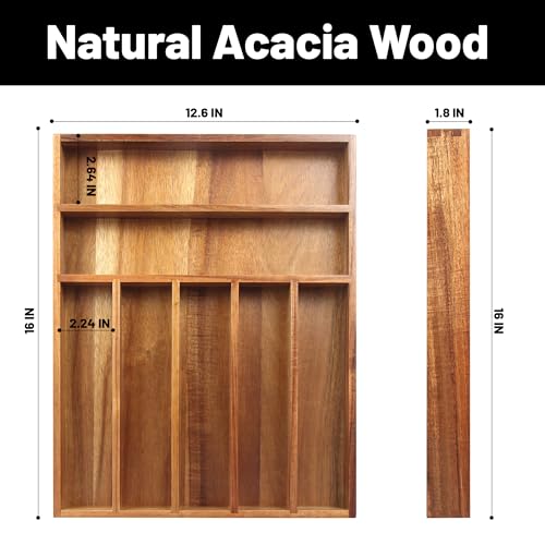 KITEISCAT Acacia Wood Silverware Organizer, Kitchen Utensil Drawer Organizer for Forks & Spoons, 7-Compartment Cutlery Tray, Flatware Holder