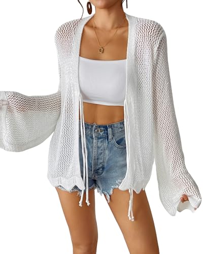 Image of Bsubseach Women Tie Front Crochet Cardigan Lightweight Summer Knit Cardigans Long Sleeve Beach Cover Up White L