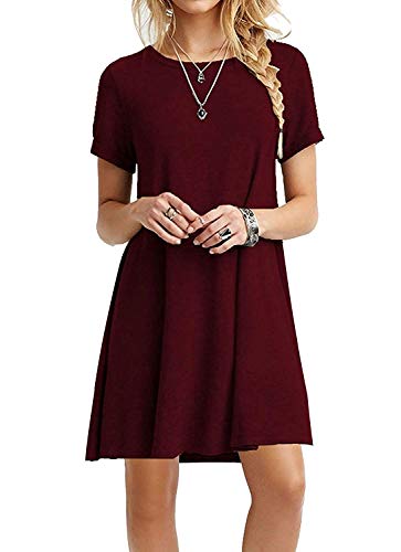 VIISHOW Women's Basic Short Sleeve Casual Loose T-Shirt Dress Wine red XL