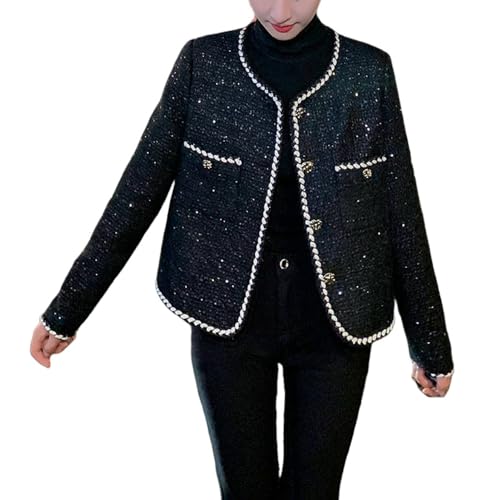 Veste courte en tweed femme noir coupe ajustée vêtement de printemps