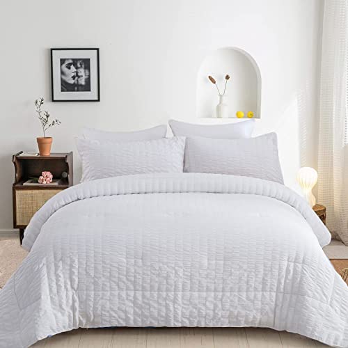 White Seersucker Comforter Set Queen 3 Pieces (1 Solid Comforter +2 Pillowcases) Striped Textured Bedding Comforter Set For All Season, Soft Microfiber Down Alternative Duvet Insert Set 90”X 90” #TOP20
