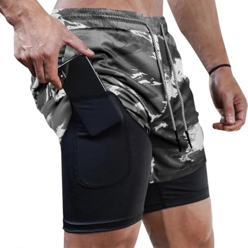 Superora Shorts d'Entraînement Sport Fitness Homme 2-in-1 Short Double Couche (Camouflage-Grey, L)
