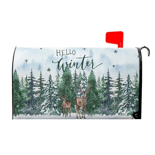 Image of Hello Winter Welcome Pine Trees Mailbox Covers Magnetic Standard Size 18 inchx21 inch Christmas Snow Green Forest Mailbox Cover Winter Mailbox Wraps Post Letter Box Cover Decor for Home Garden Yard