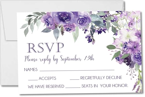 Party Beautifully Purple Floral Wedding RSVP Cards, Personalized, Set of 12