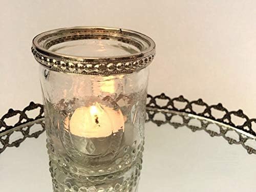 Homes on Trend Tea Light Candle Holders Clear Glass Votive Vintage Embossed Silver Rim Wedding Table Venue Decorations Centrepiece Accessories Dressing Idea Settings Tealight Holder Set of 6