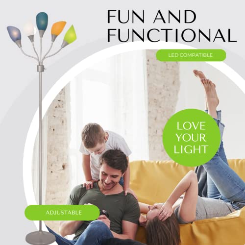 Modern Floor Lamp For Bedroom - Medusa Multi Head Standing Lamp Bedroom Light With 5 Adjustable Multi-Colored Acrylic Reading Shades - 5 Light Floor Lamp Adjustable Lamp For Living Room (Silver) #TOP2