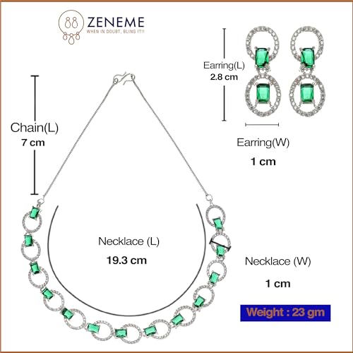 Image of ZENEME Rhodium-Plated American Diamond Studded Disc-Shaped Necklace With Earrings Jewellery Set For Girls and Women