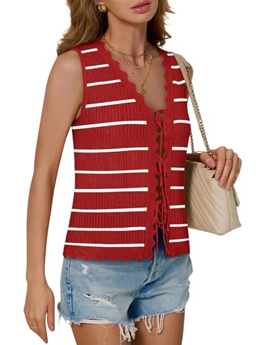 Image of COCCKO Womens Summer Tops Vacation Beach Outfits Cute Tie Front Crochet Vest Knit Sleeveless Sweaters