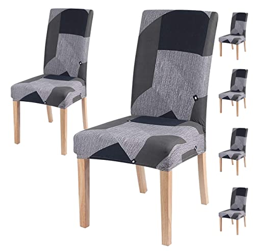 Image of House of Quirk Elastic Chair Cover Stretch Removable Washable Short Dining Chair Cover Protector Seat Slipcover (Pack of 6, Grey Prism), Polyester