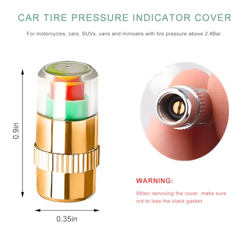 Image of 12 PCS Tire Pressure Monitor Valve Stem Caps, 2.4 Bar 36PSI Pressure Monitor Stem Covers with 3-Color Eye Alert, Easy to Read Sensor Indicator Tire Valve Cap for Most Cars (Golden)