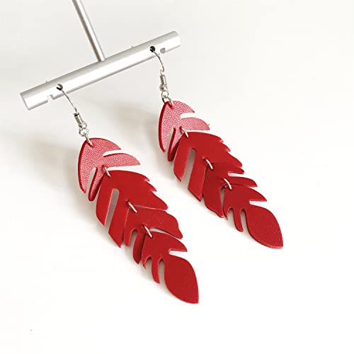 Chic Handmade Lightweight Genuine Leather Dangle Drop Earrings Bohemian Dainty Sparkly Chain Feather Hook Earring For Women Girls Statement Jewelry Gifts (Red) #TOP6
