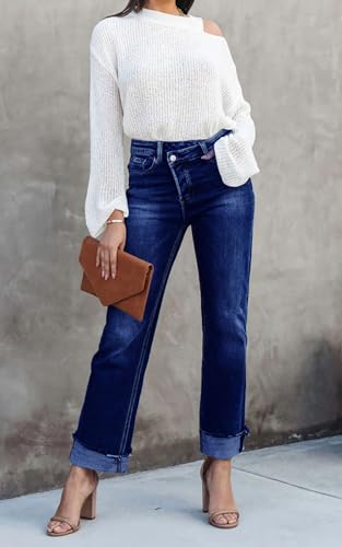 Cicy Bell Womens High Waisted Crossover Jeans 2024 Straight Leg Stretch Casual Cuffed Denim Pants2