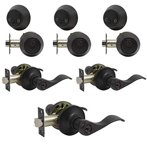 Brotima 3 Pack Exterior Door Handle with Deadbolt,Oil Rubbed Bronze Door Lock Set with Double Cylinder Deadbolt Door Lock Set for Bedroom,Exterior Doors