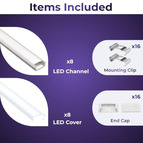 Image of 18x06 Aluminum Channel Profile with Diffuser Cover, Mounting Clips & End Caps | Aluminum LED Strip Light Housing for Cabinet, Ceiling, Shelf & Wall Lighting (Pack of 8)