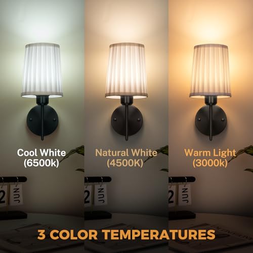 Image of Battery Operated Wall Sconce Set of 2, Rechargeable Wall Sconces with 10000mAh Dimming Magnetic Bulb, Wireless Battery Powered Wall Lights with Pleated for Bedroom Living Room Gallery Hallway,Black