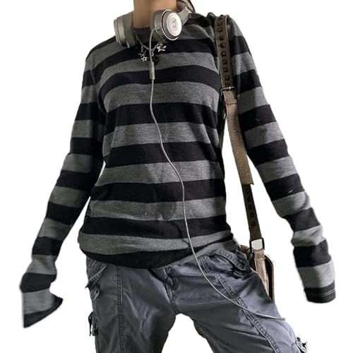 YYDSTYLE Camiseta de manga larga para mujer, cuello redondo, a rayas, de gran tamaño, estilo grunge, gótico, emo, casual, gris/negro, M