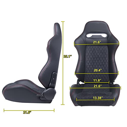 Racing Seats For Cars, 1 Pair Universal Pvc Leather Racing Bucket Seats With Dual Lock Sliders For Front-Back Adjustment (Black With Red Stitching) #TOP6