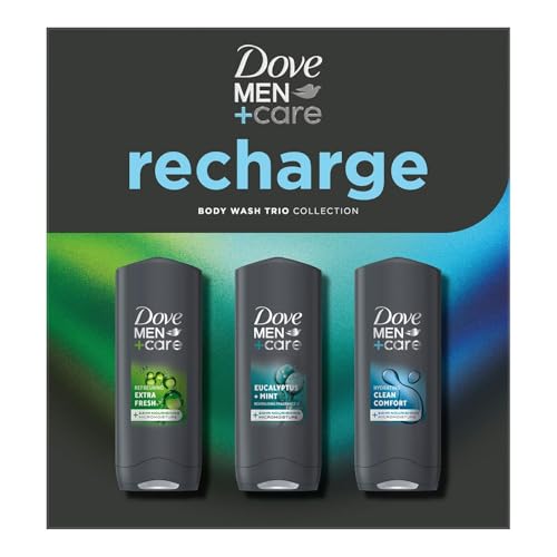 Dove Men+Care Gift Set Recharge Trio Hydrating Bodywash, Clean Comfort Fresh Menthol Eucalyptus Mint Shower Gel for Men Grooming