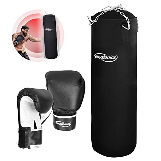 Physionics® Boxsack Set - mit Boxhandschuhen, Gefüllt, 25 kg, H100cm, Vierpunkt-Stahlkette - Erwachsene Punchingsäcke, hängend Boxen Sandsack, Punching Bag für Kickboxen, MMA, Kampfsport, Muay Thai