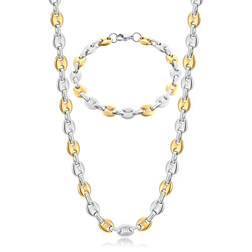 AFSTALR Collier Chaine Bracelet Grain de Café Homme Acier Inoxydable Gourmette Massif Maille Collier Argent-Or 56-6