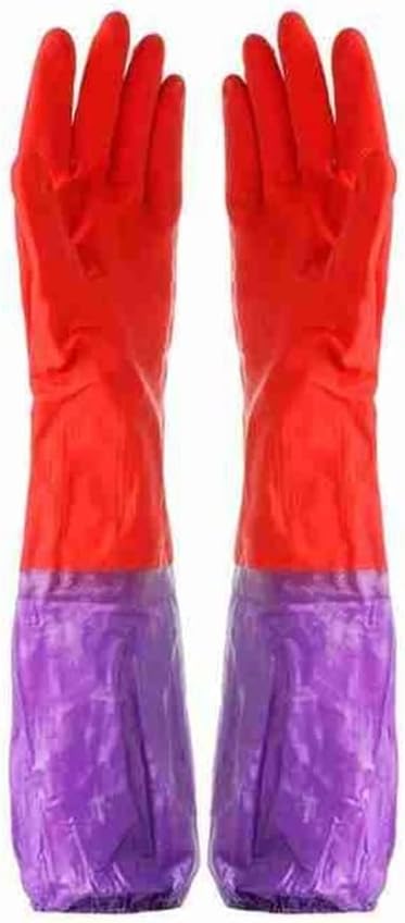 1Pair Long Rubber Velvet Household Gloves Dishwashing Waterproof Thicken Warm Scrubber Kitchen Clean Tool