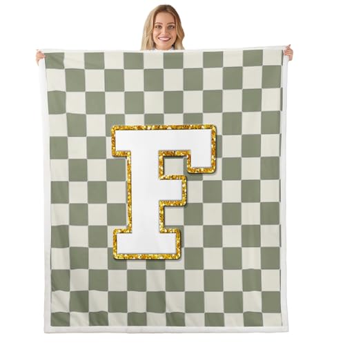 Image of Erosebridal Sage Green Checkered Sherpa Blanket Plaid Initial F Fuzzy Plush Throw Personalized Monogram Fleece Blanket for Kids Boys Girls,Fashion Grids Gingham Decor for Bed Couch Baby 30 inchx40 inch