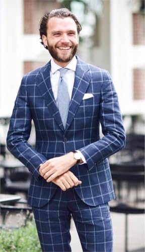 Wangyue Mens Plaid Suit Big and Tall 2 Piece Checked Suits Bussiness Wedding Suit Prom Tuxedos Suit Blazer Pant Set4
