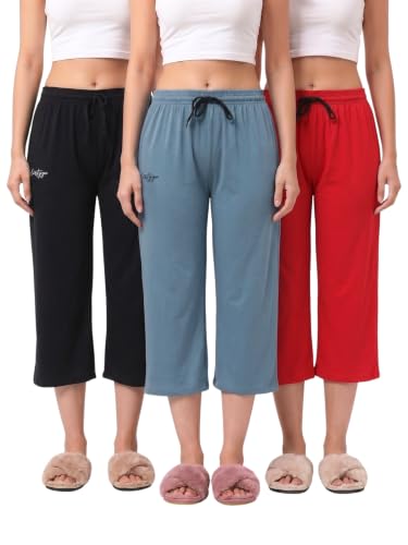 Image of Fflirtygo Women's Cotton Plain Calf Length Capri | Nightwear Pajama | 3 /4th Solid Pyjama Pant | Black Navy and Lavender Lounge Pants | Casual wear & Lounge Wear Capri Combo (Pack of 3)
