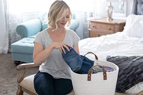 SWEETZER & ORANGE Extra Large Woven Cotton Rope Storage Basket with Pom-Poms  15x20 - Blanket Storage Baskets, Laundry and Toy Storage, Nursery Hamper for Living Room (Off-White)