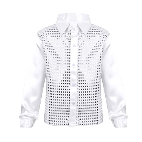 Alvivi Camicia a Maniche Lunghe Paillettes per Festa Giacca Lucida per Danza Moderna Jazz Latino Americano T-Shirt Tops Bambini Costumi di Ballo Performance Bianco 12-14 Anni